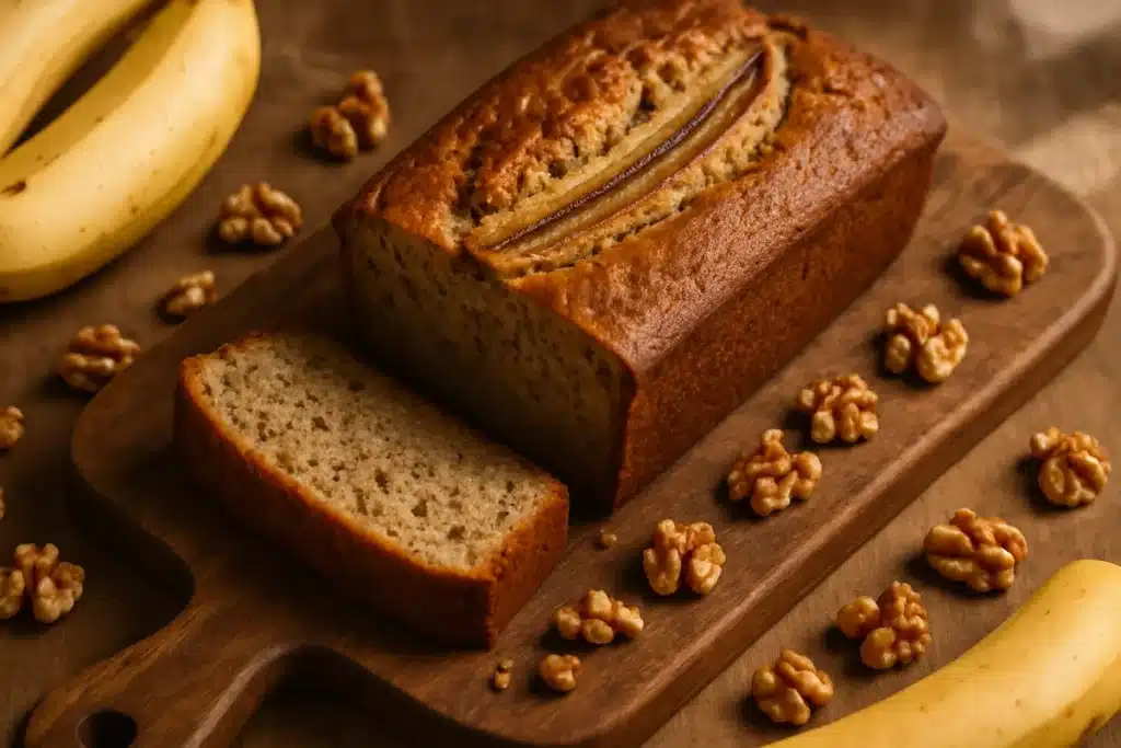 ```json { "altText": "Banana bread moelleux tranché sur planche en bois avec bananes mûres et noix, éclairage naturel", "caption": "Un banana bread parfaitement moelleux et doré, prêt à être dégusté avec sa texture aérienne visible.", "description": "Cette photographie culinaire présente un banana bread moelleux fraîchement sorti du four, avec sa croûte dorée caractéristique et sa mie parfaitement aérée. Le banana bread est photographié sur une planche rustique, entouré de bananes mûres et de cerneaux de noix, illustrant les ingrédients clés de cette recette infaillible. L'éclairage naturel met en valeur la texture moelleuse et l'aspect artisanal de ce gâteau aux bananes fait maison." } ```