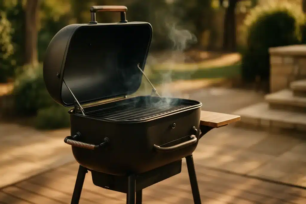```json { "altText": "Barbecue charbon haut de gamme sur terrasse en bois avec fumée légère et ambiance estivale chaleureuse", "caption": "Un barbecue au charbon de qualité supérieure installé dans un cadre extérieur élégant, illustrant les critères de choix essentiels.", "description": "Barbecue charbon premium photographié dans un environnement extérieur raffiné avec terrasse en bois naturel et lumière d'après-midi. Cette image illustre parfaitement les standards de qualité à rechercher lors de l'achat d'un barbecue au charbon, mettant en valeur la finition, les matériaux et le design qui font la différence." } ```