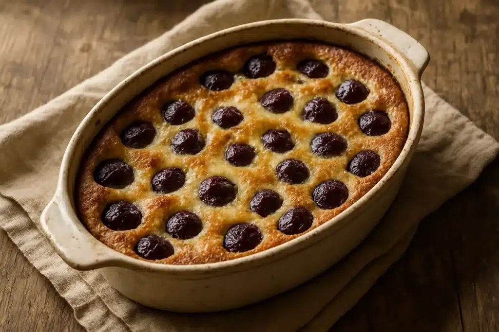 ```json { "altText": "Clafoutis aux cerises moelleux dans un plat en céramique vintage sur table en bois rustique", "caption": "Un authentique clafoutis aux cerises à la texture moelleuse, préparé selon la recette traditionnelle de nos grand-mères.", "description": "Ce clafoutis aux cerises présente la texture moelleuse caractéristique de la recette traditionnelle, avec sa surface dorée parsemée de cerises noires. Servi dans un plat en céramique vintage sur une table rustique, il illustre parfaitement l'authenticité de cette recette familiale transmise de génération en génération." } ```