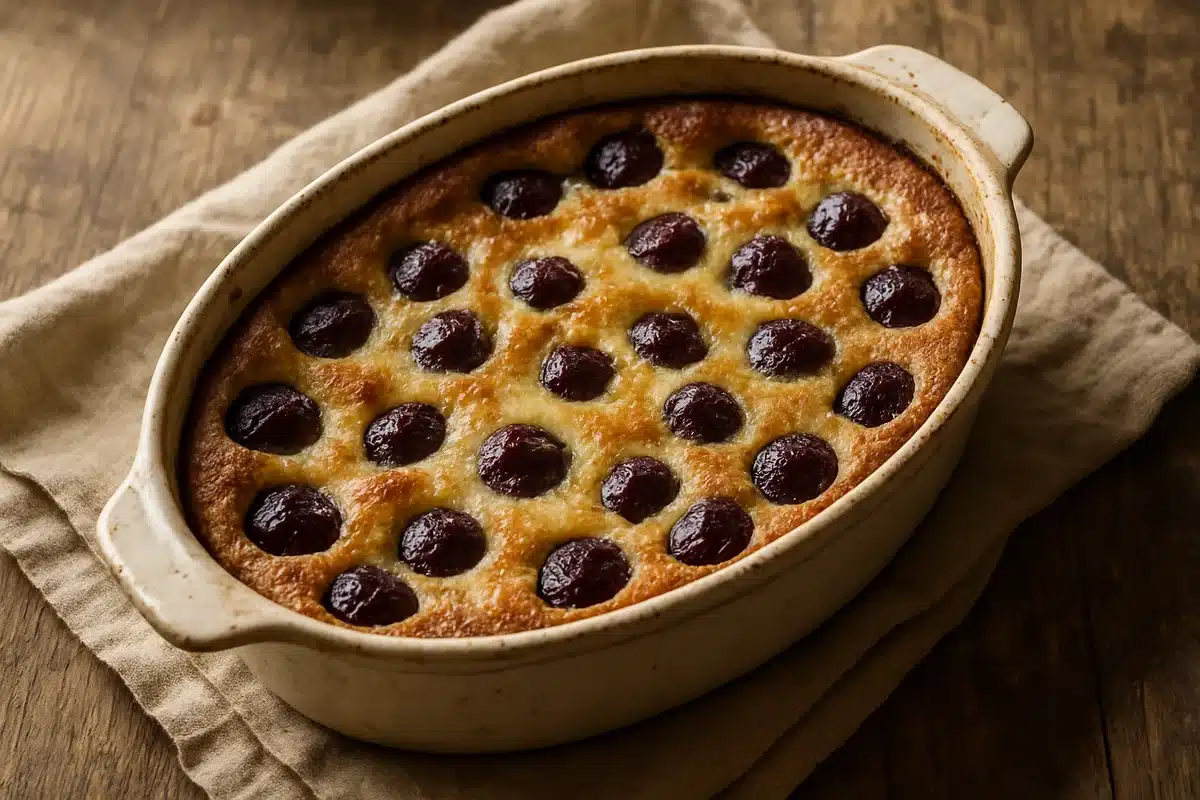 ```json { "altText": "Clafoutis aux cerises moelleux dans un plat en céramique vintage sur table en bois rustique", "caption": "Un authentique clafoutis aux cerises à la texture moelleuse, préparé selon la recette traditionnelle de nos grand-mères.", "description": "Ce clafoutis aux cerises présente la texture moelleuse caractéristique de la recette traditionnelle, avec sa surface dorée parsemée de cerises noires. Servi dans un plat en céramique vintage sur une table rustique, il illustre parfaitement l'authenticité de cette recette familiale transmise de génération en génération." } ```