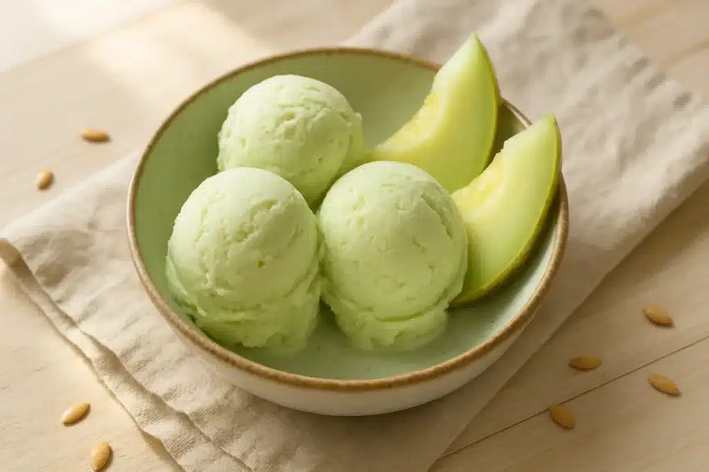 ```json { "altText": "Glace melon maison crémeuse dans un bol rustique avec tranches de melon frais et graines", "caption": "Délicieuse glace melon maison prête à déguster, réalisée en seulement 15 minutes sans sorbetière.", "description": "Cette glace melon maison présente une texture crémeuse et onctueuse dans un bol en céramique artisanal, accompagnée de tranches de melon frais. L'image illustre parfaitement le résultat final de notre recette express de glace melon sans sorbetière, réalisable en 15 minutes pour un dessert rafraîchissant et gourmand." } ```