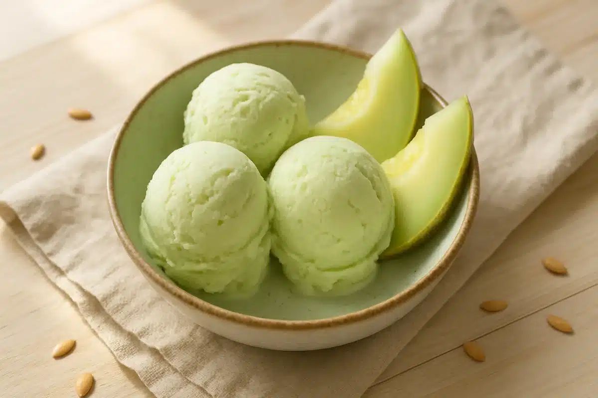 ```json { "altText": "Glace melon maison crémeuse dans un bol rustique avec tranches de melon frais et graines", "caption": "Délicieuse glace melon maison prête à déguster, réalisée en seulement 15 minutes sans sorbetière.", "description": "Cette glace melon maison présente une texture crémeuse et onctueuse dans un bol en céramique artisanal, accompagnée de tranches de melon frais. L'image illustre parfaitement le résultat final de notre recette express de glace melon sans sorbetière, réalisable en 15 minutes pour un dessert rafraîchissant et gourmand." } ```