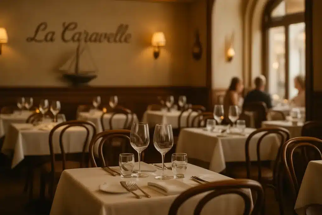 ```json { "altText": "Intérieur élégant du restaurant La Caravelle avec tables dressées et ambiance chaleureuse typique", "caption": "L'atmosphère raffinée et accueillante caractéristique des restaurants La Caravelle en France.", "description": "Découvrez l'ambiance sophistiquée d'un restaurant La Caravelle avec son décor élégant mêlant touches nautiques et bistrot français classique. Cette image illustre le cadre raffiné que vous retrouverez dans l'une des 5 adresses La Caravelle restaurant réparties en France, où tables en bois, nappes blanches et éclairage chaleureux créent une atmosphère conviviale pour une expérience gastronomique mémorable." } ```