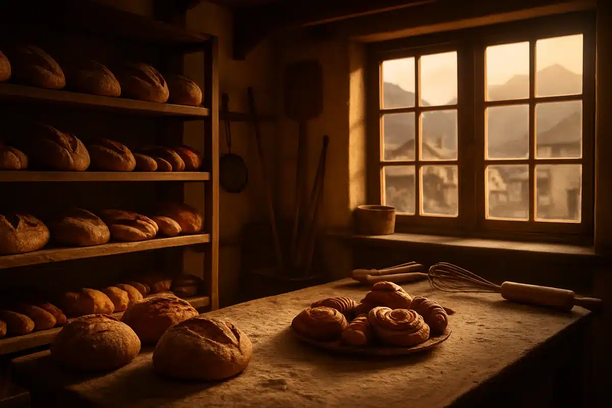 ```json { "altText": "Intérieur chaleureux d'une boulangerie artisanale vosgienne avec pains frais et pâtisseries - Le Fournil des Lacs", "caption": "L'ambiance authentique d'une boulangerie artisanale traditionnelle dans les Vosges, typique du savoir-faire du Fournil des Lacs.", "description": "Intérieur accueillant d'une boulangerie artisanale vosgienne présentant l'atmosphère chaleureuse et le savoir-faire traditionnel que l'on retrouve au Fournil des Lacs à Xonrupt-Longemer. Les étagères en bois exposent pains frais et pâtisseries artisanales dans une ambiance montagnarde authentique, reflétant l'esprit des boulangeries de village des Vosges." } ```