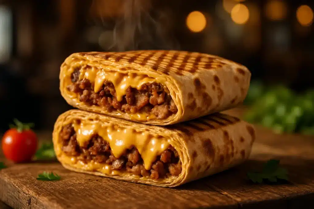 ```json { "altText": "Le tacos français coupé en deux révélant garniture de viande grillée et sauce fromagère fondante", "caption": "Un tacos français authentique présenté dans toute sa générosité avec ses couches de viande grillée et sa sauce fromagère signature.", "description": "Cette photographie culinaire met en valeur le tacos français dans sa version la plus appétissante, coupé en deux pour révéler sa garniture généreuse de viande grillée et de sauce fromagère fondante. L'image illustre parfaitement la composition typique du tacos tel qu'on le déguste en France en 2026, avec son wrap croustillant et ses ingrédients frais disposés sur une table en bois rustique." } ```