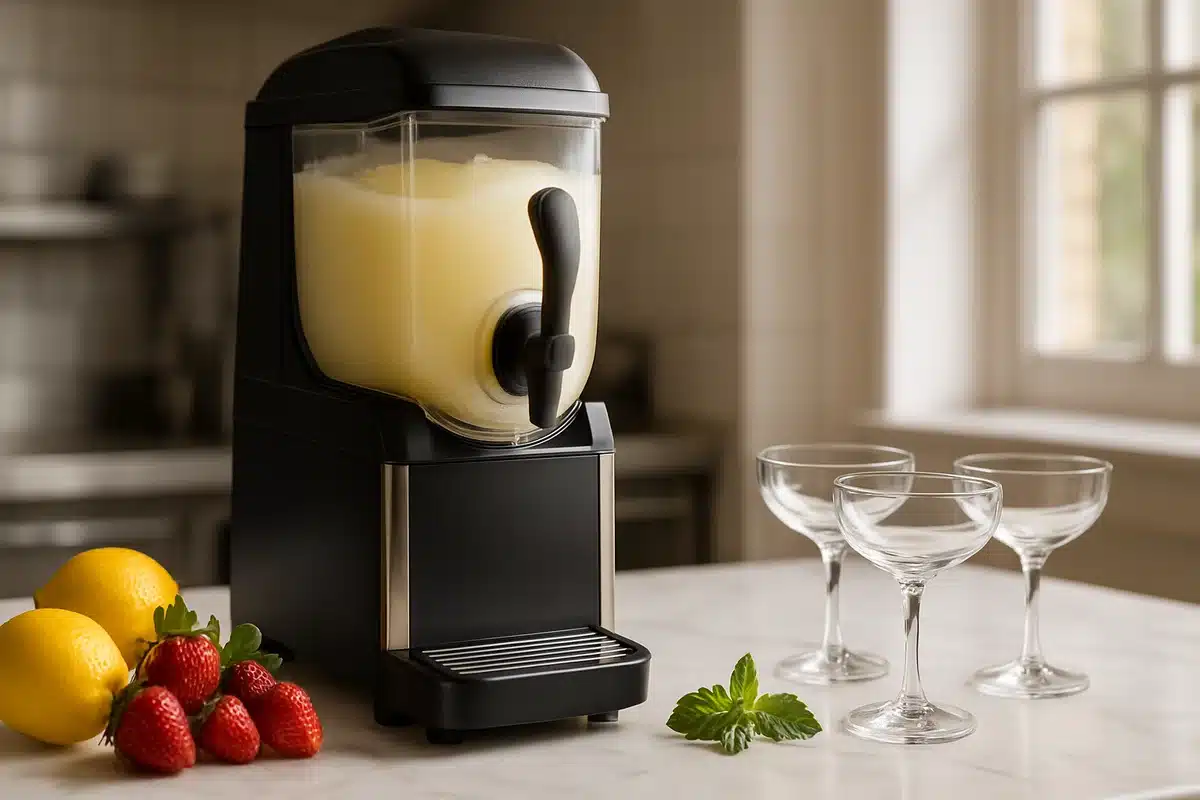 ```json { "altText": "Machine à granita moderne sur comptoir en marbre avec ingrédients frais et verres vides", "caption": "Une machine à granita professionnelle entourée d'ingrédients frais, prête à préparer des boissons glacées savoureuses.", "description": "Cette machine à granita haut de gamme illustre parfaitement les critères de qualité à rechercher en 2026. L'appareil est présenté dans un environnement professionnel avec des ingrédients frais comme des citrons, fraises et menthe, démontrant sa polyvalence. Cette image accompagne notre guide d'achat pour choisir la meilleure machine à granita selon les critères essentiels." } ```
