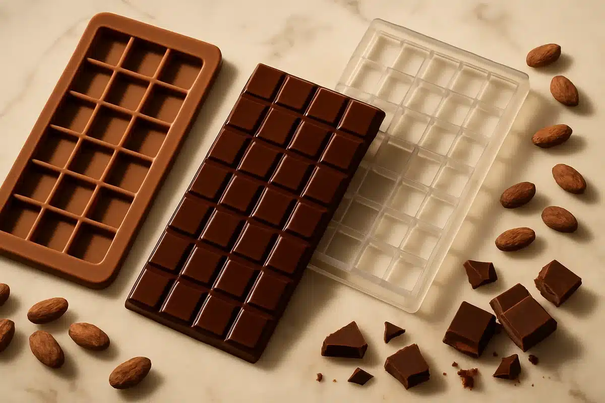 ```json { "altText": "Moule pour tablette de chocolat en silicone et polycarbonate avec tablettes démoulées sur plan de travail", "caption": "Comparaison de différents types de moules pour tablette de chocolat professionnels avec résultats de démoulage.", "description": "Cette image présente plusieurs moules pour tablette de chocolat professionnels, incluant des modèles en silicone et polycarbonate, disposés sur un plan de travail en marbre. Les tablettes de chocolat fraîchement démoulées illustrent parfaitement les résultats obtenus selon le type de moule choisi, démontrant l'importance des critères de sélection pour un démoulage réussi." } ```