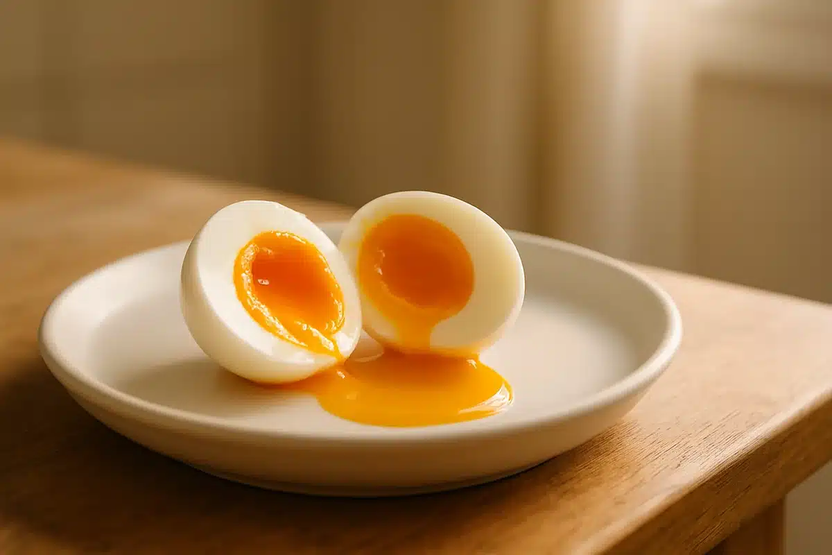 ```json { "altText": "Œuf mollet parfaitement cuit avec jaune coulant doré sur assiette blanche, éclairage naturel", "caption": "Un œuf mollet coupé en deux révèle un jaune parfaitement coulant, résultat de la méthode de cuisson infaillible.", "description": "Œuf mollet coupé en deux sur assiette en céramique blanche, montrant un jaune d'œuf doré et coulant à la texture parfaite. Cette photographie culinaire illustre le résultat idéal de la méthode de cuisson infaillible pour réussir un œuf mollet avec un jaune onctueux à chaque fois." } ```