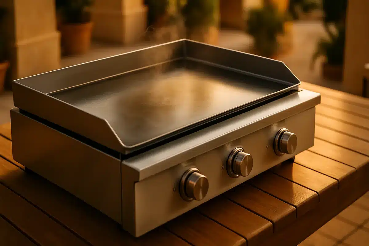 ```json { "altText": "Plancha gaz professionnelle en inox avec brûleurs visibles sur terrasse extérieure moderne", "caption": "Une plancha gaz haut de gamme illustrant les critères techniques essentiels : surface de cuisson en inox, système de brûleurs performant et conception professionnelle.", "description": "Plancha gaz professionnelle en acier inoxydable installée sur une terrasse extérieure élégante, mettant en évidence les éléments techniques clés d'un modèle haut de gamme. Cette image illustre parfaitement les critères de qualité à rechercher lors du choix d'une plancha gaz : matériaux nobles, brûleurs visibles et finitions soignées pour une cuisson optimale en extérieur." } ```