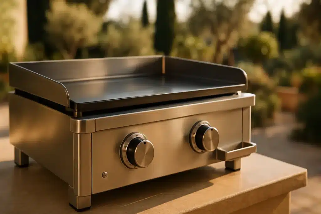 Plancha gaz professionnelle en inox sur terrasse extérieure avec détails de construction premium