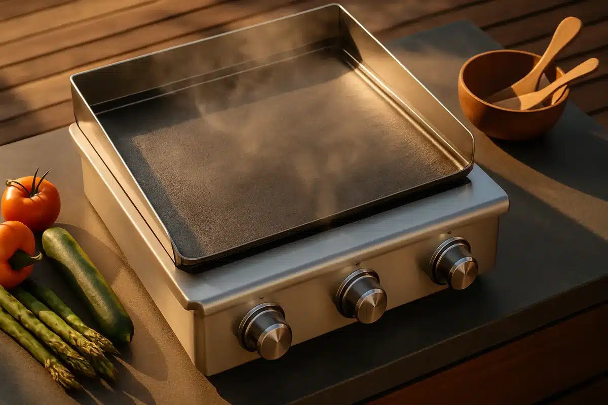 ```json { "altText": "Plancha gaz professionnelle en inox avec brûleurs apparents sur plan de travail extérieur", "caption": "Une plancha gaz haut de gamme révèle les éléments techniques essentiels à examiner avant l'achat.", "description": "Plancha gaz professionnelle en acier inoxydable photographiée en gros plan, montrant la surface de cuisson, les brûleurs et la qualité de fabrication. Cette image illustre les critères techniques déterminants pour choisir une plancha gaz performante : matériaux, système de chauffe et conception de la plaque." } ```