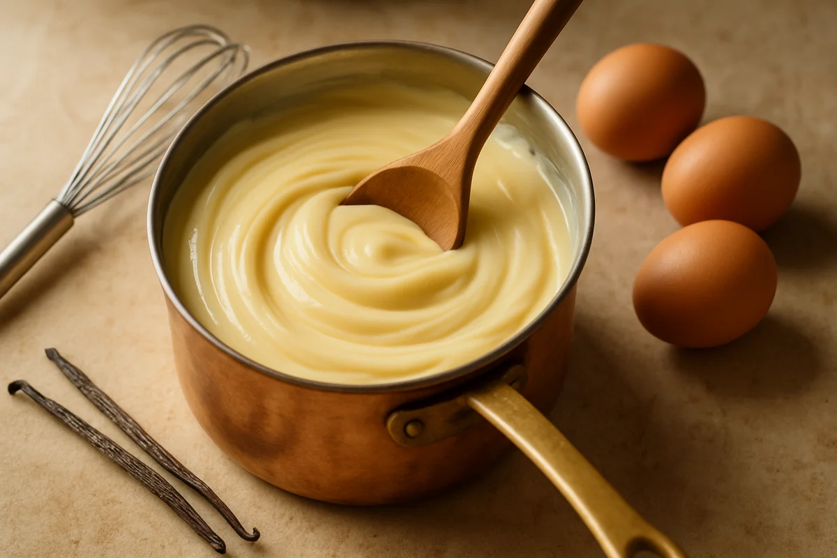 ```json { "altText": "Crème pâtissière lisse et onctueuse fouettée dans une casserole en cuivre avec vanille et œufs", "caption": "Une texture parfaitement lisse et sans grumeaux : le secret d'une crème pâtissière réussie réside dans la technique de fouettage.", "description": "Cette recette crème pâtissière facile montre la texture idéale d'une crème onctueuse et brillante, fouettée délicatement dans une casserole en cuivre. Les ingrédients essentiels - vanille fraîche et œufs - sont disposés sur le plan de travail, illustrant les étapes clés pour obtenir une crème sans grumeaux à la consistance parfaite." } ```