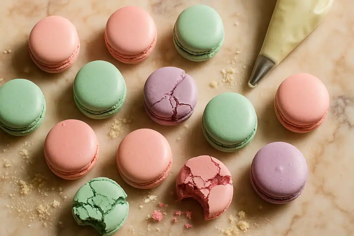 ```json { "altText": "Macarons français traditionnels aux coques lisses et parfaites disposés sur marbre avec farine d'amandes", "caption": "Des macarons traditionnels aux coques impeccables réalisés selon la méthode infaillible présentée dans cet article.", "description": "Cette recette macaron traditionnel vous permettra d'obtenir des coques parfaitement lisses aux couleurs pastel délicates. L'image illustre le résultat final avec des macarons rose, lavande et vert menthe disposés artistiquement sur un plan de travail en marbre, accompagnés de farine d'amandes et d'une poche à douille, démontrant la texture idéale recherchée." } ```