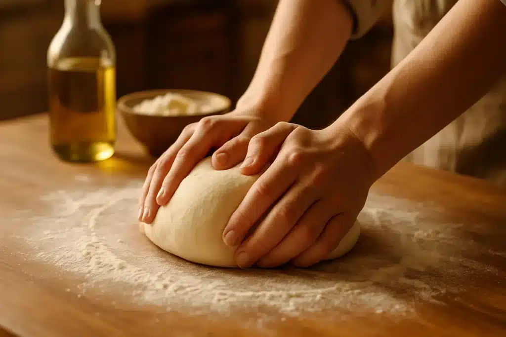 ```json { "altText": "Pâte à pizza fraîche pétrie à la main sur plan de travail en bois pour recette pâte à pizza rapide", "caption": "Préparation d'une pâte à pizza maison en seulement 30 minutes, sans temps de repos nécessaire.", "description": "Cette recette pâte à pizza rapide montre le pétrissage d'une pâte fraîche et élastique sur un plan de travail en bois. La technique illustrée permet d'obtenir une pâte à pizza parfaite en 30 minutes chrono, idéale pour les cuisiniers pressés qui souhaitent préparer une pizza maison sans attendre la levée traditionnelle." } ```