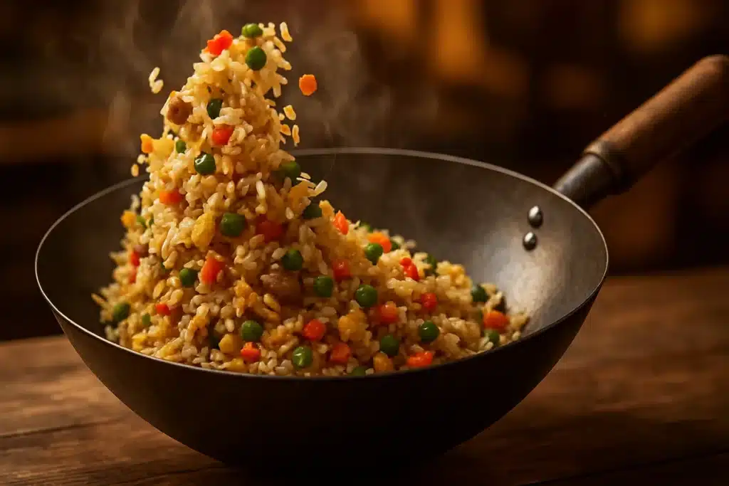 ```json { "altText": "Riz cantonais sauté au wok avec légumes colorés, œufs et grains de riz dorés fumants", "caption": "Un riz cantonais authentique préparé au wok traditionnel, avec ses ingrédients caractéristiques parfaitement sautés.", "description": "Riz cantonais fraîchement préparé dans un wok traditionnel, montrant la texture parfaite des grains de riz dorés, les légumes colorés coupés en dés et les œufs brouillés. Cette image illustre les techniques de cuisson professionnelles pour réussir un riz cantonais comme au restaurant, avec ses couleurs appétissantes et sa présentation authentique." } ```