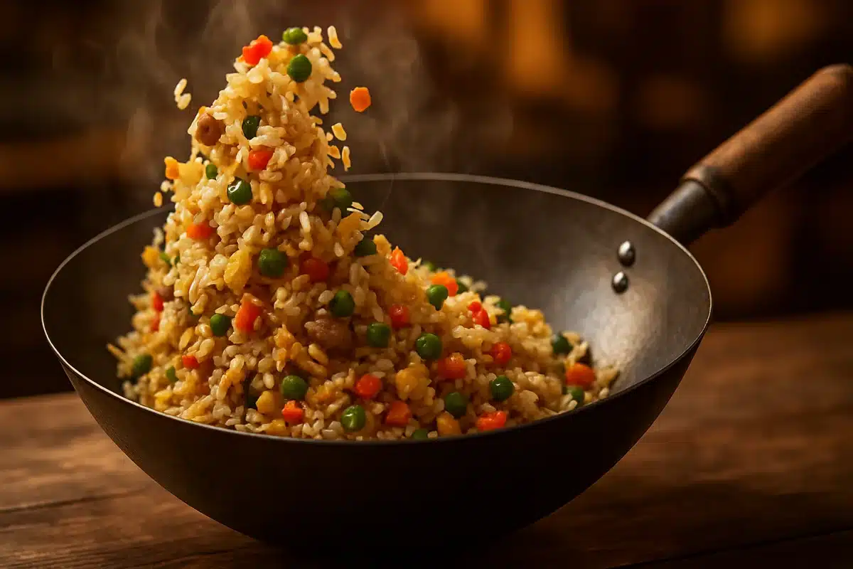 ```json { "altText": "Riz cantonais sauté au wok avec légumes colorés, œufs et grains de riz dorés fumants", "caption": "Un riz cantonais authentique préparé au wok traditionnel, avec ses ingrédients caractéristiques parfaitement sautés.", "description": "Riz cantonais fraîchement préparé dans un wok traditionnel, montrant la texture parfaite des grains de riz dorés, les légumes colorés coupés en dés et les œufs brouillés. Cette image illustre les techniques de cuisson professionnelles pour réussir un riz cantonais comme au restaurant, avec ses couleurs appétissantes et sa présentation authentique." } ```