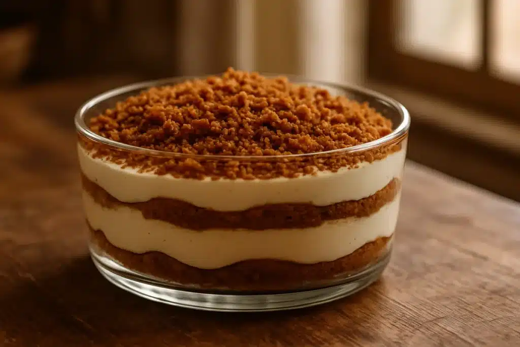 ```json { "altText": "Tiramisu speculoos aux couches crémeuses dans un plat transparent sur table en bois rustique", "caption": "Un tiramisu speculoos parfaitement réalisé avec ses couches onctueuses et son nappage de miettes caramélisées.", "description": "Cette recette de tiramisu speculoos présente un dessert élégant aux couches crémeuses bien définies, servi dans un plat transparent qui révèle sa texture ferme. Les miettes de speculoos caramélisées sur le dessus apportent la touche gourmande finale à ce dessert facile à réaliser." } ```