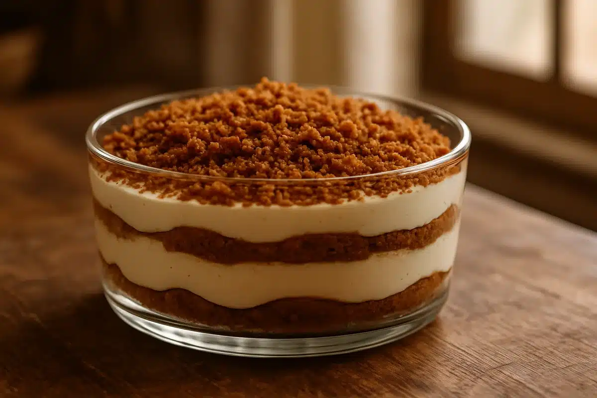 ```json { "altText": "Tiramisu speculoos aux couches crémeuses dans un plat transparent sur table en bois rustique", "caption": "Un tiramisu speculoos parfaitement réalisé avec ses couches onctueuses et son nappage de miettes caramélisées.", "description": "Cette recette de tiramisu speculoos présente un dessert élégant aux couches crémeuses bien définies, servi dans un plat transparent qui révèle sa texture ferme. Les miettes de speculoos caramélisées sur le dessus apportent la touche gourmande finale à ce dessert facile à réaliser." } ```