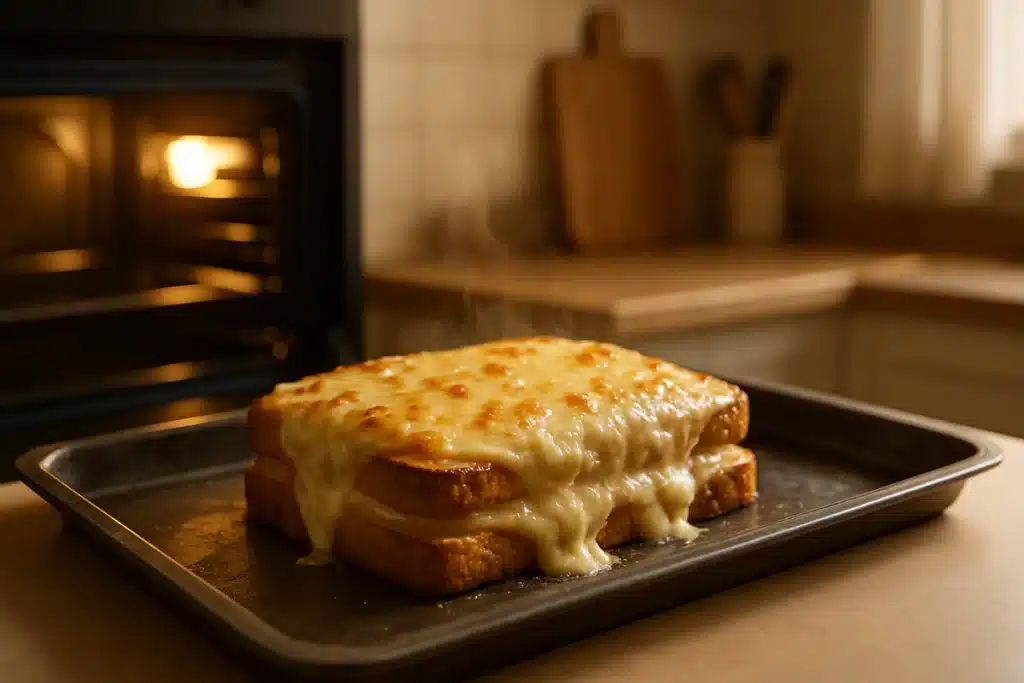 ```json { "altText": "Croque monsieur cuisson four doré avec fromage fondu sur plaque de cuisson sortant du four chaud", "caption": "Un croque monsieur parfaitement doré après une cuisson au four optimale, avec son fromage gratiné et fondant.", "description": "Ce croque monsieur cuisson four présente le résultat idéal d'une cuisson maîtrisée : une croûte dorée uniforme et un fromage parfaitement gratiné et bouillonnant. L'image illustre les techniques de cuisson au four pour obtenir un croque monsieur croustillant à l'extérieur et moelleux à l'intérieur, avec la température et le temps de cuisson appropriés." } ```