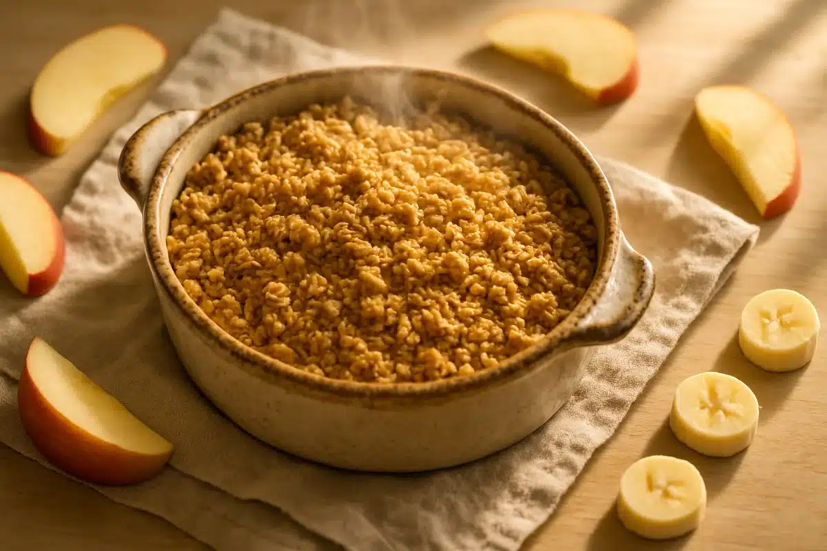 ```json { "altText": "Crumble pomme banane doré avec garniture croustillante aux flocons d'avoine dans un plat en céramique", "caption": "Un crumble pomme banane parfaitement doré avec sa garniture croustillante qui conserve son croquant pendant 48 heures.", "description": "Ce crumble pomme banane présente une garniture dorée et croustillante aux flocons d'avoine visible, fraîchement sorti du four dans un plat rustique en céramique. L'image illustre la recette qui permet de maintenir le croustillant de la garniture pendant 48 heures, avec des morceaux de pommes et bananes fraîches disposés à proximité pour mettre en valeur les ingrédients principaux." } ```