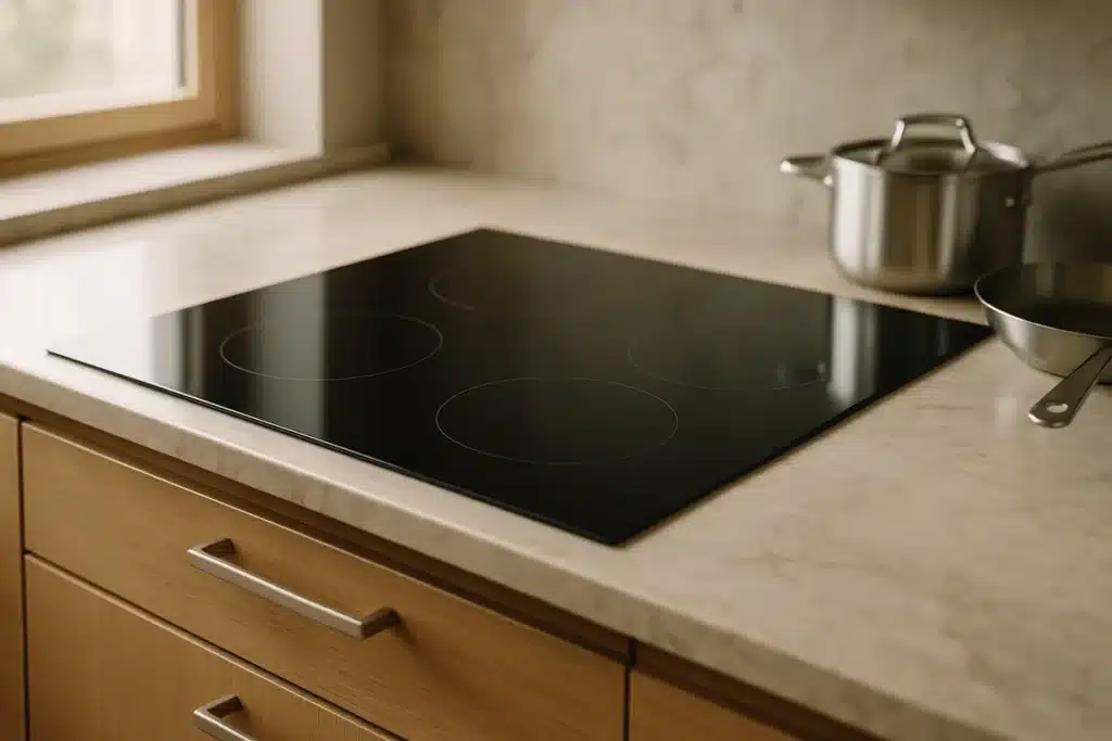 ```json { "altText": "Plaque vitrocéramique moderne noire encastrée dans plan de travail de cuisine contemporaine scandinave", "caption": "Une plaque vitrocéramique élégante s'intègre parfaitement dans une cuisine au design épuré et fonctionnel.", "description": "Cette plaque vitrocéramique moderne illustre parfaitement l'esthétique et la praticité recherchées lors du choix d'un nouveau modèle. La surface noire brillante avec ses zones de chauffe délimitées s'intègre harmonieusement dans un plan de travail contemporain, démontrant l'importance de sélectionner une plaque vitrocéramique adaptée à son style de cuisine et ses besoins culinaires." } ```