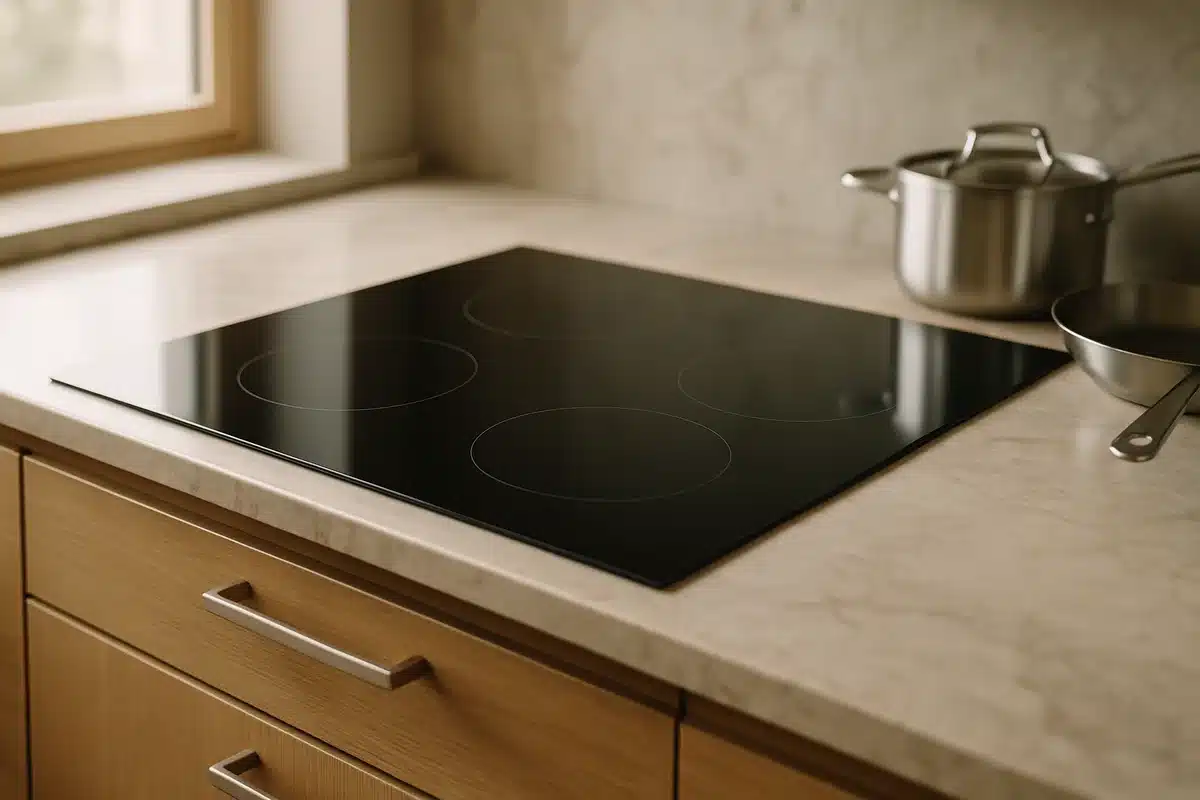 ```json { "altText": "Plaque vitrocéramique moderne noire encastrée dans plan de travail de cuisine contemporaine scandinave", "caption": "Une plaque vitrocéramique élégante s'intègre parfaitement dans une cuisine au design épuré et fonctionnel.", "description": "Cette plaque vitrocéramique moderne illustre parfaitement l'esthétique et la praticité recherchées lors du choix d'un nouveau modèle. La surface noire brillante avec ses zones de chauffe délimitées s'intègre harmonieusement dans un plan de travail contemporain, démontrant l'importance de sélectionner une plaque vitrocéramique adaptée à son style de cuisine et ses besoins culinaires." } ```