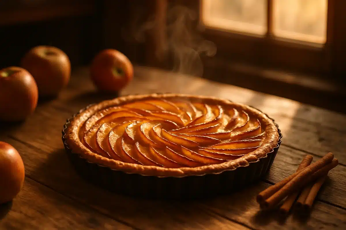 Tarte aux pommes dorée parfaitement cuite avec pommes caramélisées disposées en rosace élégante